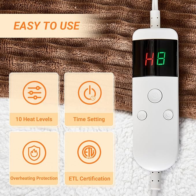 Heated Blanket Electric Full, Soft Flannel Heating Blanket with 8 Hours Auto Off 10 Fast Heating Levels Machine Washable Sherpa Heated Blanket with Overheating Protection
