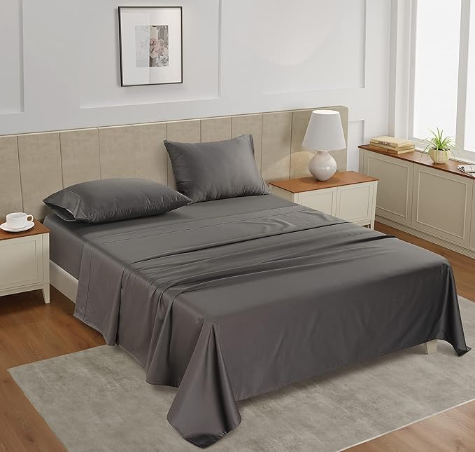 LANE LINEN Twin Bed Sheets – 450 Thread Count 100% Mercerized Cotton, Soft & Cooling Sateen Weave, 15” Deep Pocket Fully Elasticized Fitted Sheet, Luxury Hotel Bedding, Charcoal