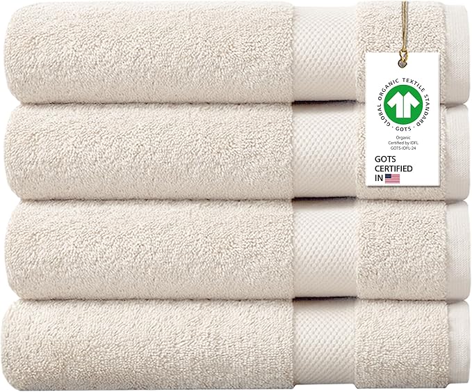 Delara 100% Organic Cotton Towels 650 GSM Plush Feather Touch Quick Dry Bath Towel, Pack of 4 GOTS Certified, Oeko-Tex Green Certified, Organic Cotton Bath Towel, 30"X58"