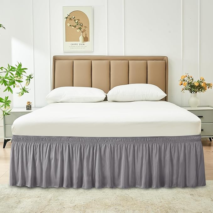 Biscaynebay Wrap Around Bed Skirts for Full & Full XL Beds 16" Drop, Silver Grey Adjustable Elastic Dust Ruffles Easy Fit Wrinkle & Fade Resistant Silky Luxurious Fabric Solid Machine Washable