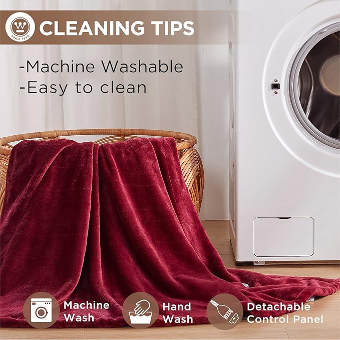 Westinghouse Heated Blanket Full Size - Electric With 10 Heating Levels, 1-12 Hours Auto Shut Off, Fast Warming, Machine Washable (Full, 72x84 Inches, Wine Red)