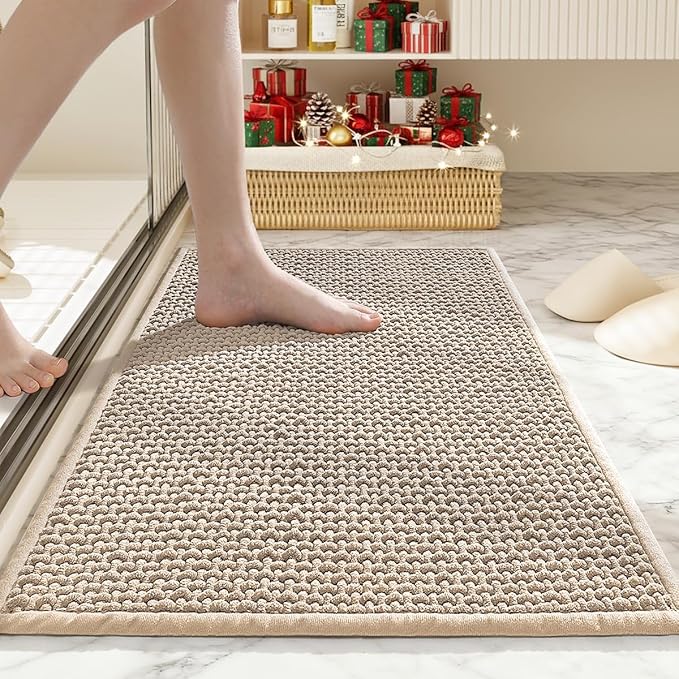 Bathroom Rugs Non Slip Washable, Super Absorbent Thin Bath Mat for Small Quick Dry Low Pile Bathroom Rug,(Khaki, 32″x20″)