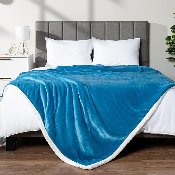 PAVILIA Sherpa Fleece Throw Blanket for Couch, Twin Size, Teal Blue, Plush Soft Fuzzy Sofa Blanket, Cozy Reversible Winter Throw for Women Men, 60x80 Inches