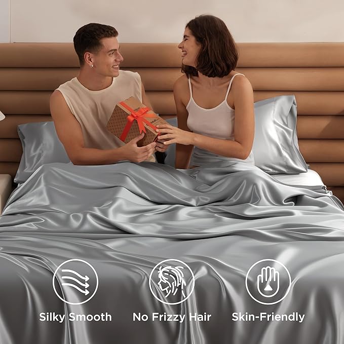 Bedsure Satin Sheets Full Size - 4 Piece Silky Bedsheets with 15 Inches Deep Pocket Fitted Bedsheet,1 Flat Sheet, 2 Satin Pillowcases, Good for Hair & Skin (Full, Silver Grey)