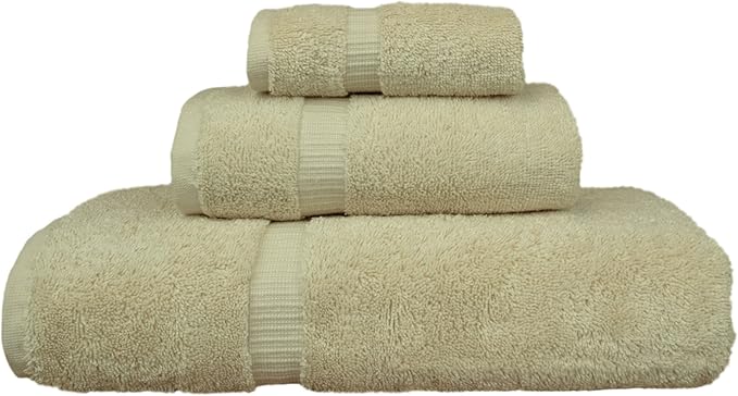 Luxury Hotel & Spa Quality Collection, Quick Dry 100% Turkish Cotton, 750+ GSM, Eco Friendly Towel Set, Bathroom and Kitchen Dobby Border Towels, Bath Towel, Hand Towel, Washcloths (3 Piece, Beige)
