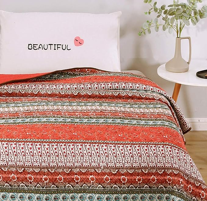 Cozyholy Boho Quilt Twin Size 100% Cotton Quilted Blanket Colorful Bohemian Striped Bedspread Coverlet Reversible Lightweight Stitch Vintage Bed Cover Throw Blanket for Couch Sofa Orange