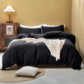 FOSSA Duvet Cover Set 100% Washed Cotton Linen Feel Super Soft Breathable Cozy 3 Pieces Bedding Sets Solid Black Super King Plus