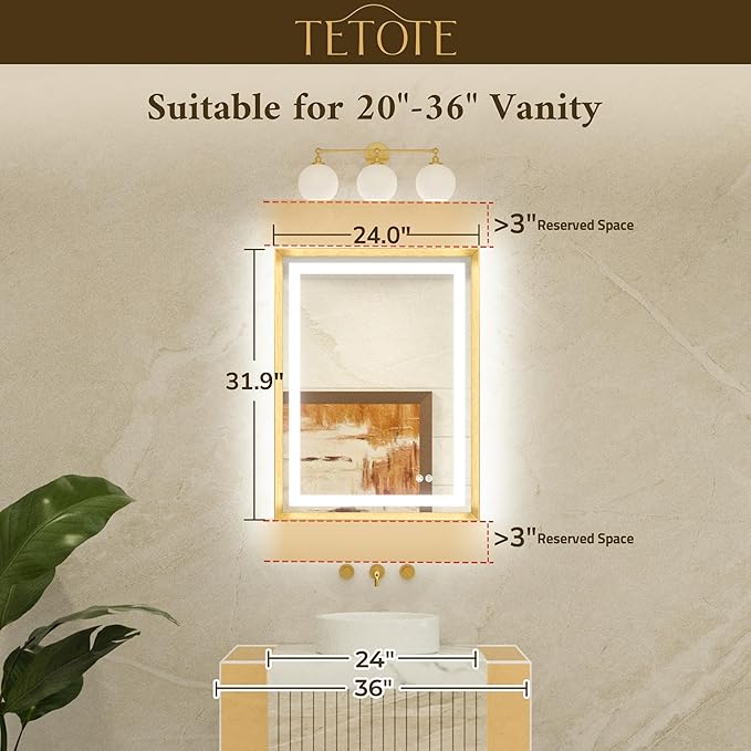 TETOTE 24 x 32 Bathroom LED Mirror Brushed Black Metal Frame Frontlit & Backlit Vanity Mirror Anti-Fog Stepless Dimmable 3 Colors White/Warm/Natural Mirror with Lights Wall-Mounted