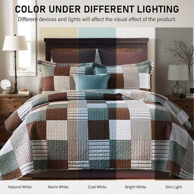 KALOOLA Plaid Queen Size Quilt Set, 100% Cotton Lightweight Quilted Bedspread with 2 Pillowshams for Queen Bed, Farmhouse Printed Bedding Set Coverlet for All Season, 3 Pieces, Brown/Green
