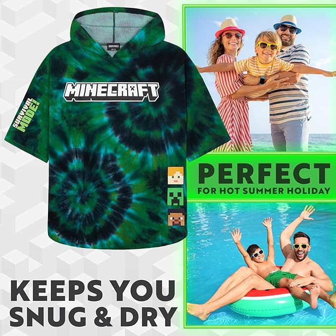 Minecraft Towelling Poncho Kids Teens Hooded Bath Towels Absorbent Beach Towel (Multi Tie Dye, 10-13 Years)