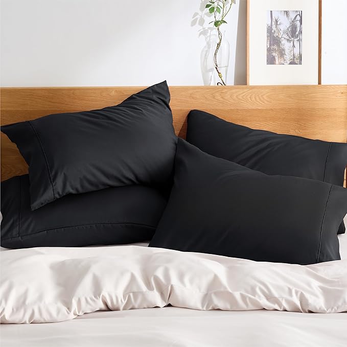 Bedsure Queen Pillow Cases Set of 4 - Black Brushed Microfiber Pillowcases 4 Pack, Super Soft Pillowcase, Pillow Case Covers with Envelope Closure, Wrinkle, Fade and Stain Resistant, 20x30 Inches