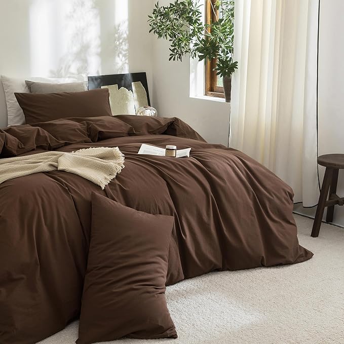 FOSSA Duvet Cover Set 100% Washed Cotton Linen Feel Super Soft Breathable Cozy 3 Pieces Bedding Sets Solid Cocoa Brown Queen