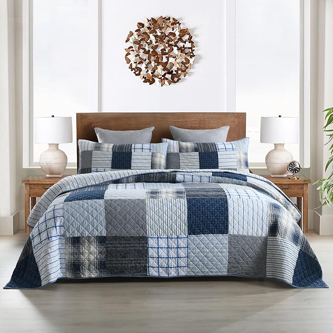 Yvooxny King Quilt Set Bedspread Reversible Plaid Grid Quilted Bedspread 3-Piece Real Patchwork Quilt Bedding Set with Pillowcases for All Seasons, King Size, 108 * 96 Inches