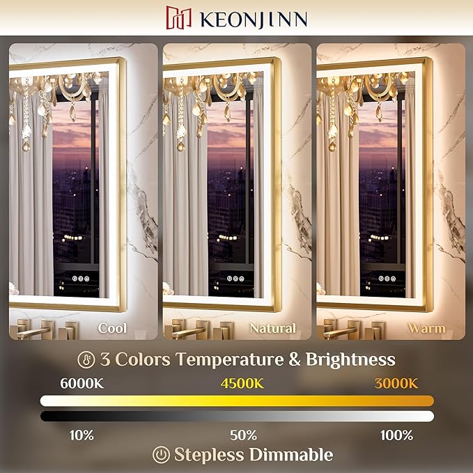Keonjinn Gold LED Bathroom Mirror 20 x 28 Inch with Frontlit & Backlit, Lighted Mirrors Metal Framed for Wall, Stepless 3 Colors Lights, Anti Fog, Tempered Glass, Brighter and No Dark Corner