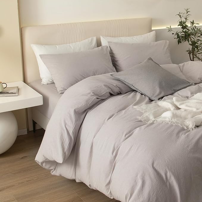 JIYUAN 100% Washed Cotton Duvet Cover Set 3 Pieces Oversized Queen, 1 Duvet Cover 98x98 Inches(Comforter Not Included) and 2 Pillowcases,Linen Feel Bedding Set Comfy and Breathable, Heathered Linen