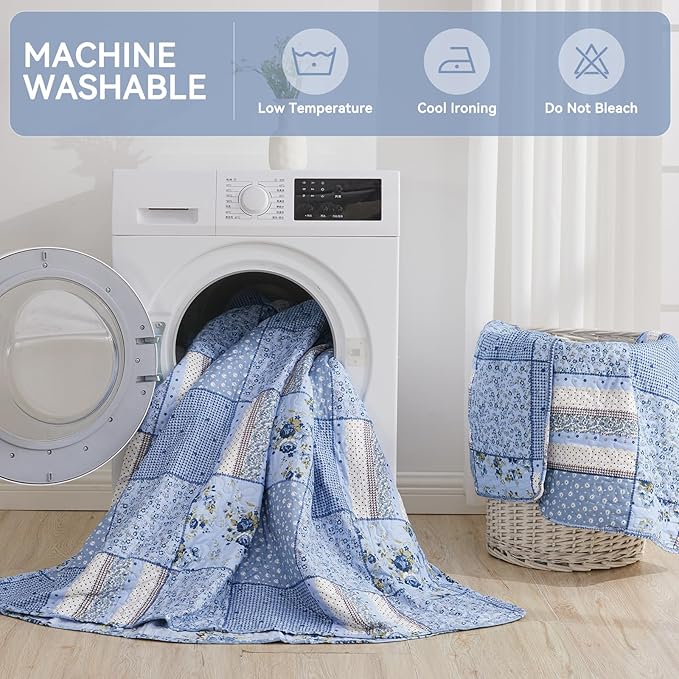 ENJOHOS Extra Wide Alaska King Quilts 132x120, 3 Pcs Blue Plaid Floral Oversized King Quilt, Extra Wide Bedspread Coverlet Set for All Seasons, Patchwork Reversible Bedding Set