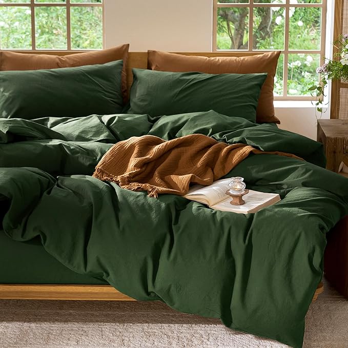 MooMee Bedding Duvet Cover Set 100% Washed Cotton Linen Like Textured Breathable Durable Soft Comfy (Solid Forest Green, King 104"x90")