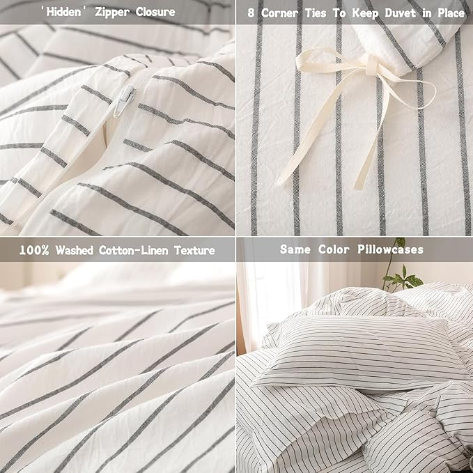 Stripe Duvet Cover Oversized King Size 120inch x 98inch, 100% Washed Cotton Linen Feel Duvet Cover with Zipper Closure and 2 Pillowcases, Color of White-Dark Grey Stripe
