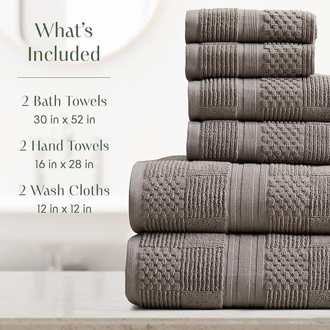 Springtree Home 100% Cotton Bathroom Towel Set | 6 Piece Set - Grey Towels | Geometric Textured Design | Absorbent & Quick-Dry | Oeko-TEX® Standard 100 Cotton | Myla Collection - Frost Grey