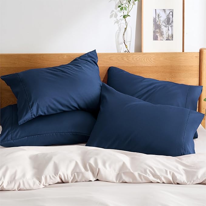 Bedsure Pillow Cases Standard Size Set of 4 - Navy Brushed Microfiber Pillowcases 4 Pack, Super Soft and Cozy Pillow Case Covers with Envelope Closure, Wrinkle, Fade and Stain Resistant, 20x26 Inches