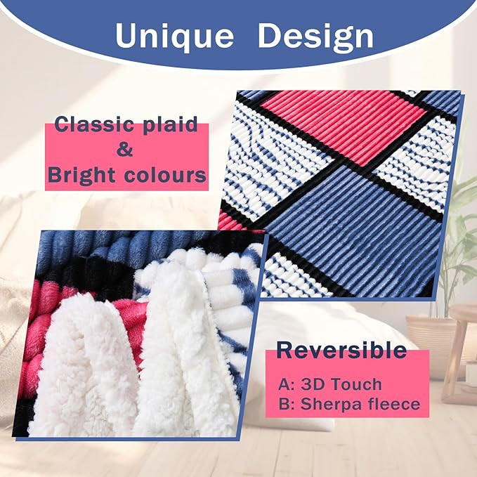 PU MEI Sherpa Blanket Fleece Throw Blanket Queen Plaid Thick Bed Blanket, Soft Warm Cozy Throw Blanket, 80”*90” Zabra-Navy Pink