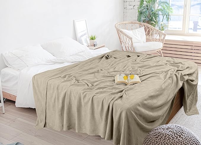Utopia Bedding Khaki 100% Cotton Blanket [Full Size - 90x84 Inch] 350GSM Lightweight, Soft and Breathable Thermal Blanket for All Seasons