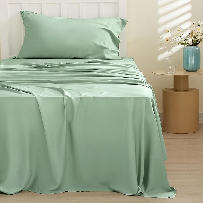 Bedsure Cooling Sheets Twin, Rayon Derived from Bamboo, Breathable & Soft Twin Sheets Set, Deep Pocket Up to 16 Inches, Hotel Luxury Silky Bedding for Hot Sleepers, Sage Green