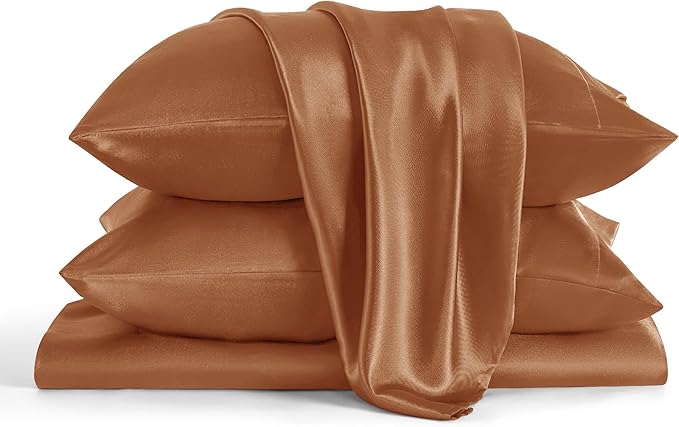 Bedsure Satin Sheets Full Size - 4 Piece Silky Bedsheets with 15 Inches Deep Pocket Fitted Bedsheet,1 Flat Sheet, 2 Satin Pillowcases, Good for Hair & Skin (Full, Burnt Orange)