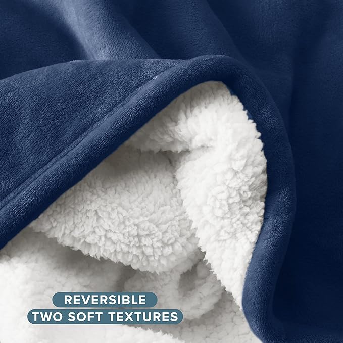 Bare Home Sherpa Fleece Blanket - King Size - Blanket for Bed, Sofa, and Couch - Warm & Lightweight - Fluffy & Soft - Reversible (King, Dark Blue)