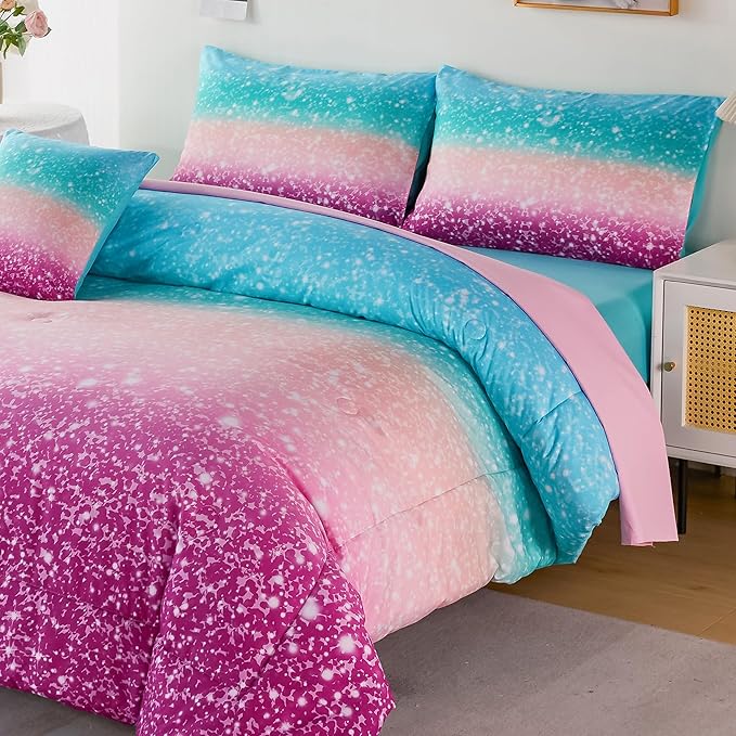 URBONUR 6Pcs Glitter Comforter Set for Girls Queen Size Gradient Tie Dye Purple Blue Bedding Set Comforter with Sheet Set, Ultra Soft and Breathable Kids Bed Set for Teen Girl