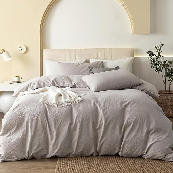 JIYUAN 100% Washed Cotton Duvet Cover Set 3 Pieces Oversized Queen, 1 Duvet Cover 98x98 Inches(Comforter Not Included) and 2 Pillowcases,Linen Feel Bedding Set Comfy and Breathable, Heathered Linen
