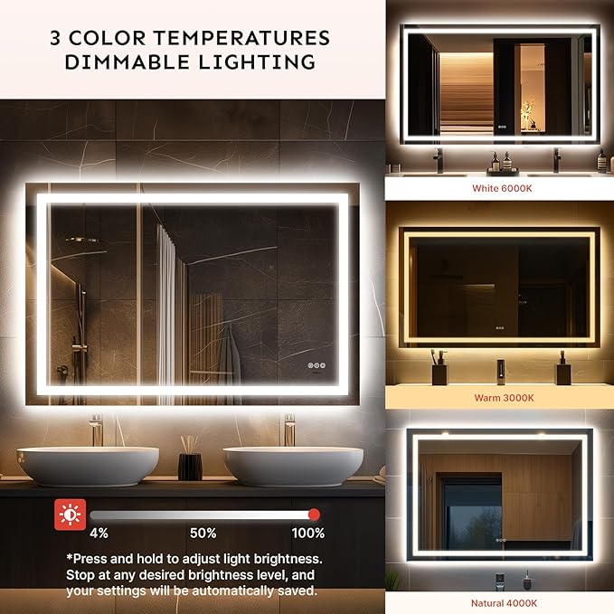 35x24 LED Bathroom Mirror with Lights – Anti-Fog, Dimmable, Backlit & Front Lit Lighted Vanity Mirror for Wall – Smart Bathroom Mirror with Memory Function, Shatterproof Tempered Glass