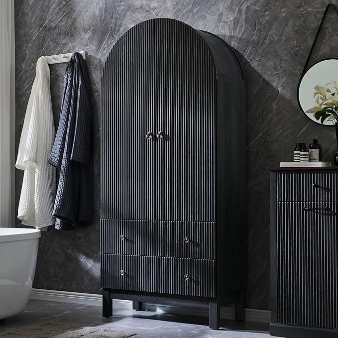71" Tall Arched Bathroom Storage Cabinet, Modern Fluted Cabinet Storage with 4 Shlves and 2 Drawers, Floor Cabinet for Bathroom, Living Room, Kitchen, Dark Gray
