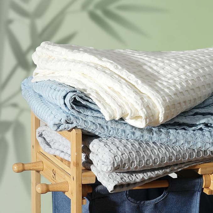 Aganear Waffle Blanket - Lightweight Breathable Summer Blanket of 50% Cotton and 50% Rayon Derived from Bamboo for Hot Sleepers Luxury Throws for Bed, Couch and Sofa,White,90x90 Inches