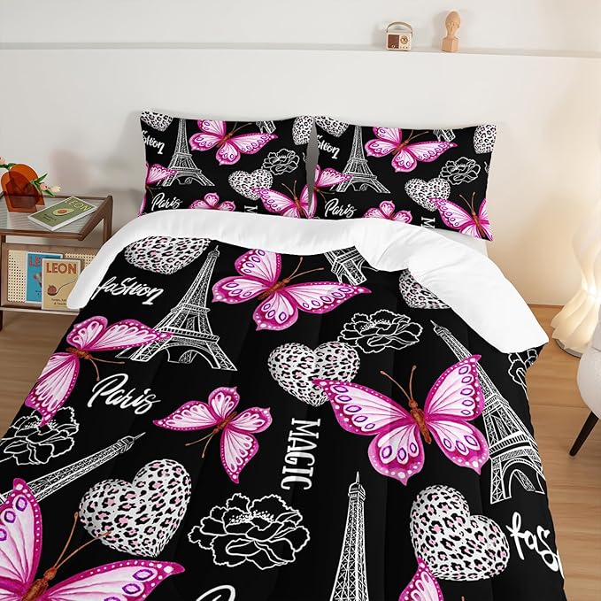 Pink Butterfly Comforter Queen Bedding Sets for Girls, Eiffel Tower Leopard Heart Pattern Bedding Sets with 2 Pillowcases,Aesthetic Bedding for Women Girls Bedroom Paris Decor.