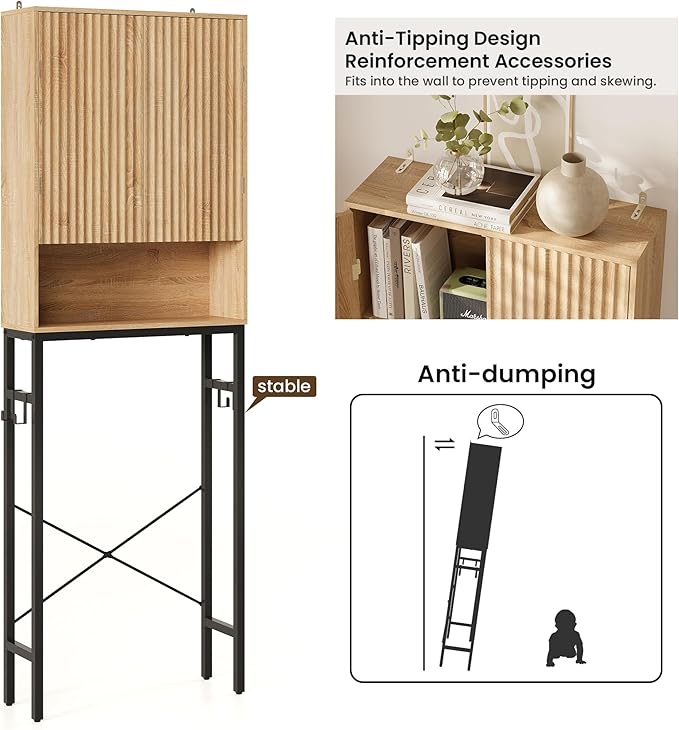 Toilet Storage Cabinet, Over The Rack Wood Cabinet with Metal Stand, Bathroom Organizer with Adjustable Shelf, Tall Freestanding Washer Shelf, Small Cupboard, Space Saver, Natural Style
