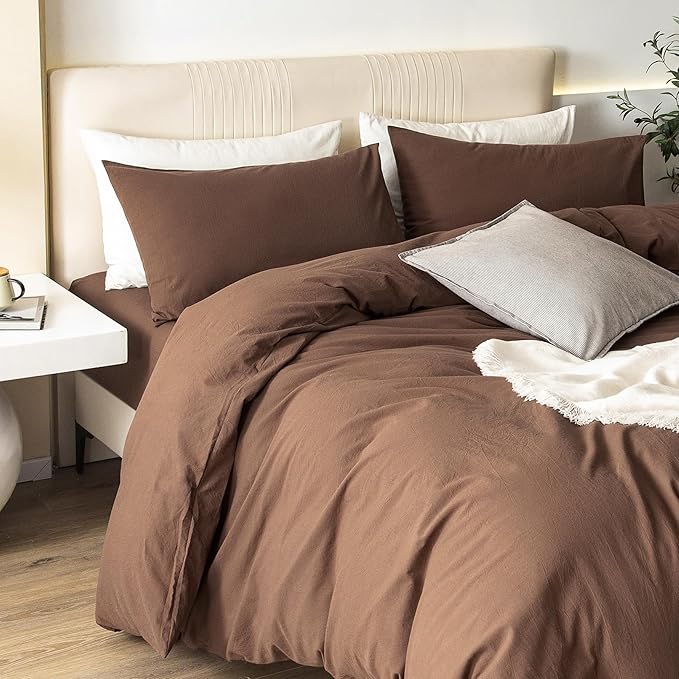 JIYUAN 100% Washed Cotton Duvet Cover Set 2 Pieces Twin, 1 Duvet Cover 68x90 Inches(Comforter Not Included) and 1 Pillowcases,Linen Feel Bedding Set Comfy and Breathable,Chocolate Brown