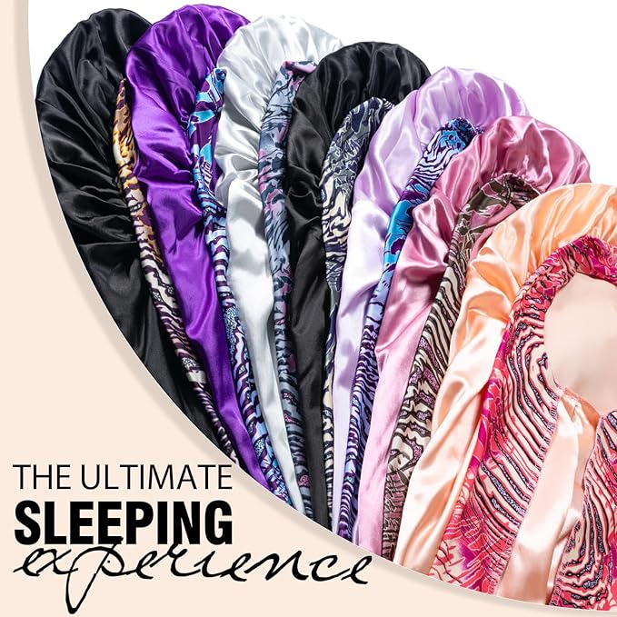 2Pcs Bonnets for Black Women Braid Bonnet, Large Long Satin Silk Bonnet for Braids,Black Women Braid Bonnet with Stretchy Tie Band for Sleeping Extra Long (Black&Light Purple Pattern