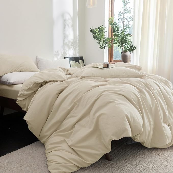 FOSSA Duvet Cover Set 100% Washed Cotton Linen Feel Super Soft Breathable Cozy 3 Pieces Bedding Sets Solid Almond Grey Oversized King