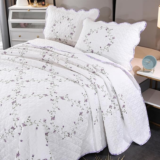 Quilt Set Purple Floral 3D Embroidery Pattern 3 PCS 100% Cotton Reversible Quilted Embroidered Decorative Bedspreads Coverlet Set, Lightweight &Soft Queen Size White Bedding Coverlet for All Season