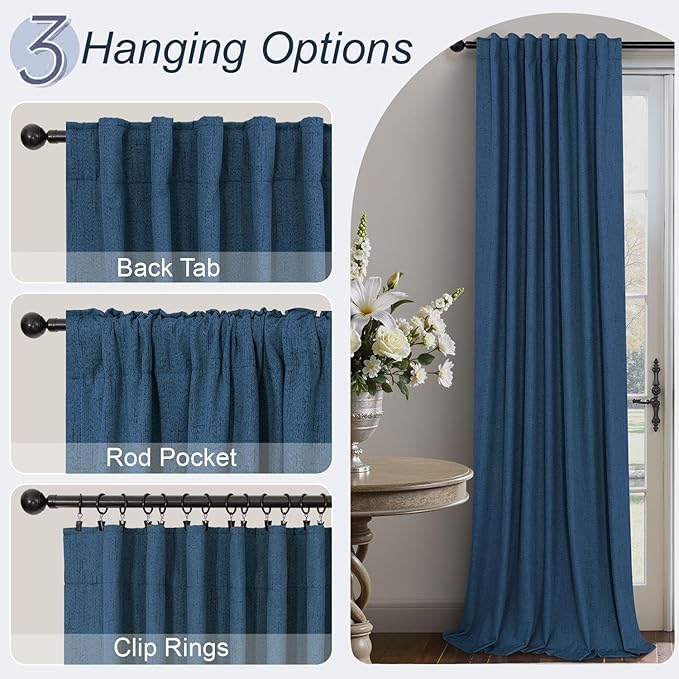 Navy Blue Linen Textured Curtains 90 Inches Long 2 Panels Set Modern Neutral Nursery Blackout Curtains for Kids Bedroom Black Out Thermal Drapes for Summer Heat Noise Reducing Back Tab 52x90 Length