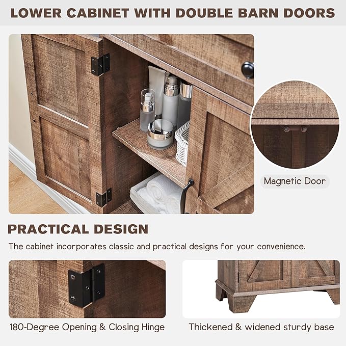 ACCOHOHO Farmhouse Bathroom Cabinet, 72" Tall Storage Cabinet with 2 Drawers, Adjustable Shelves & Barn Door, Cabinets for Bathroom, Living Room, Kitchen, Rustic Brown