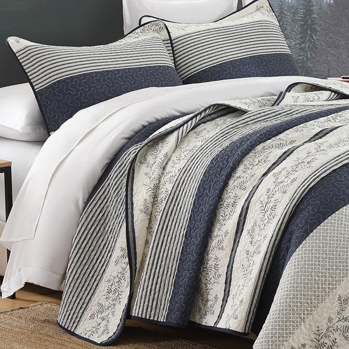 Stripe Quilt King Size - 100% Cotton Lightweight King Quilt Bedding Set, Vintage Vine Pattern Quilted Bedspread with 2 Pillow Shams, Farmhouse Printed Bed Coverlet for All Season, Navy/Gray
