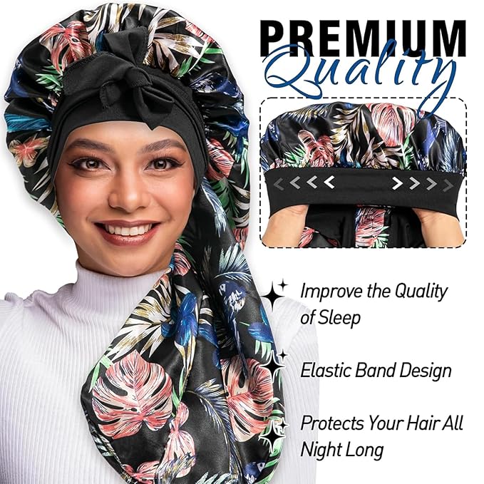 2Pcs Bonnets for Black Women Braid Bonnet, Large Long Satin Bonnet for Braids, Silk Bonnet with Stretchy Tie Band Sleep Cap Hair (2Pcs-Black&Black Pattern)