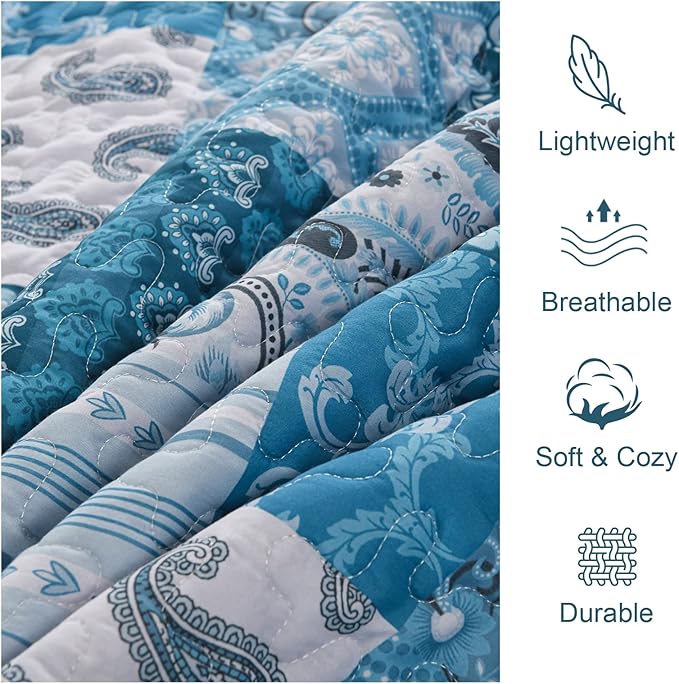 WONGS BEDDING Boho Quilt Set Queen Size,Teal Blue Plaid Patchwork Bedspread Bedding Set Soft Microfiber Quilt for Queen Bed Reversible 3 Pieces Coverlet Set for All Season (96"x90")