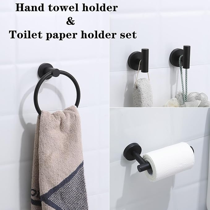 4 Piece Matte Black Stainless Steel Bathroom Hardware Set Include Hand Towel Ring, Toilet Paper Holder,and 2 Robe Towel Hooks,Bathroom Accessories Kit