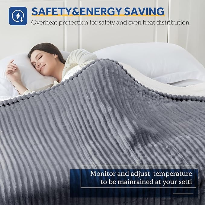 SEALY Electric Blanket Queen Size, Soft Ribbed Flannel to Sherpa Reversible Heated Blanket with Dual Control 10 Heat Settings & 1 to 12 Hours Auto-Off 84"x90" Machine Washable, Light Grey