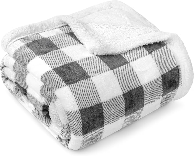 PAVILIA Light Grey Buffalo Plaid Sherpa Throw Blanket for Couch Twin, Soft Fuzzy Flannel Blanket for Bed, Plush Checkered Fleece Blanket and Throws, Warm Thick Winter Blanket Gift, 60x80