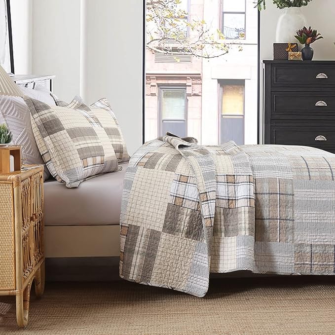 KALOOLA 100% Cotton Quilts Queen Size, Farmhouse Brown Plaid Queen Quilted Bedding Set 3 Pieces, Rustic Lightweight Bedspread Coverlet with 2 Pillowshams for All Season