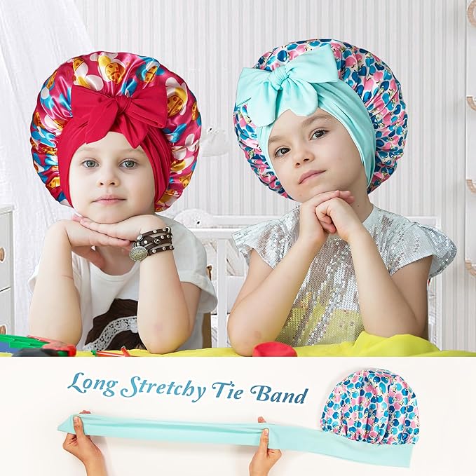 2 PCS Kids Bonnets for Girls, Silk Bonnet for Kids, Satin Bonnet for Sleeping, Baby Toddler Tie Bonnet Sleep Cap